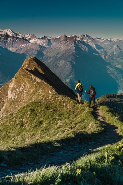 白天，两名男子站在布朗山附近的绿色草地上